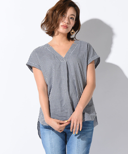 LIPSTAR（リップスター）の「Vネック後ろリボンギンガム＆ドット＆無地ブラウス（シャツ/ブラウス・レディース・ブラック系その他2/オフホワイト/ブラック系その他/ホワイト系その他/イエロー・M）」の14枚目の写真