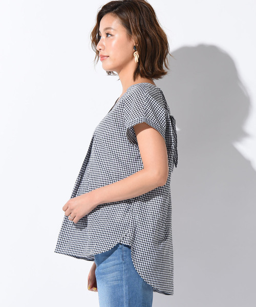 LIPSTAR（リップスター）の「Vネック後ろリボンギンガム＆ドット＆無地ブラウス（シャツ/ブラウス・レディース・ブラック系その他2/オフホワイト/ブラック系その他/ホワイト系その他/イエロー・M）」の9枚目の写真