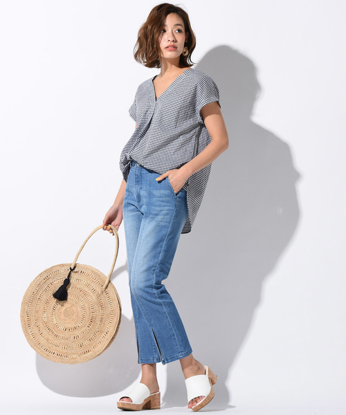 LIPSTAR（リップスター）の「Vネック後ろリボンギンガム＆ドット＆無地ブラウス（シャツ/ブラウス・レディース・ブラック系その他2/オフホワイト/ブラック系その他/ホワイト系その他/イエロー・M）」の15枚目の写真