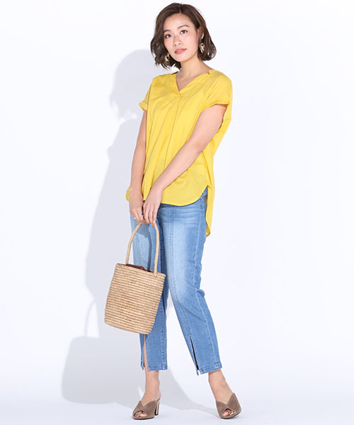 LIPSTAR（リップスター）の「Vネック後ろリボンギンガム＆ドット＆無地ブラウス（シャツ/ブラウス・レディース・ブラック系その他2/オフホワイト/ブラック系その他/ホワイト系その他/イエロー・M）」の18枚目の写真