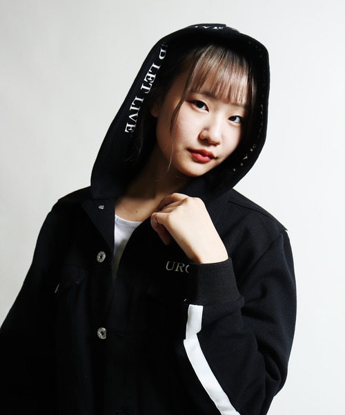 EVOLUTION(エボリューション)の「Fleece switching layered footed denim jacket / 裏毛切替レイヤードフーテッドデニムジャケット unisex(デニムジャケット・メンズ・サックスブルー/ブラック・M/XL/L)」の17枚目の写真