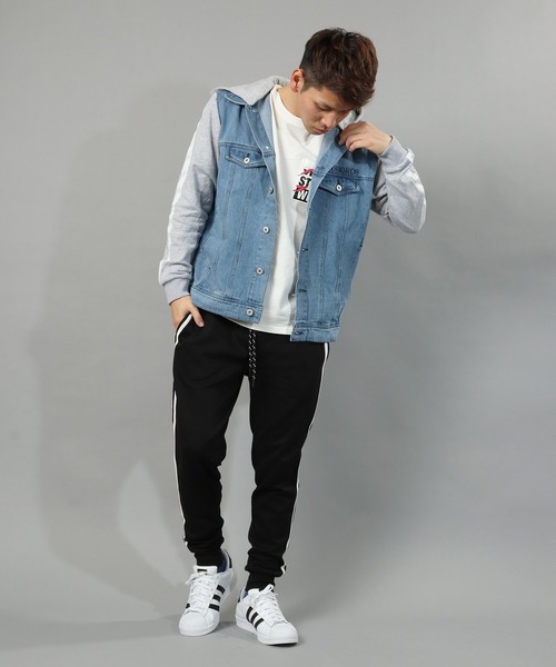 EVOLUTION(エボリューション)の「Fleece switching layered footed denim jacket / 裏毛切替レイヤードフーテッドデニムジャケット unisex(デニムジャケット・メンズ・サックスブルー/ブラック・M/XL/L)」の14枚目の写真