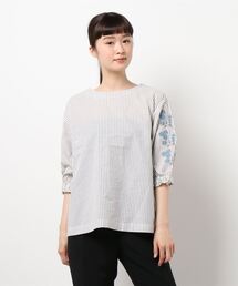 Samansa Mos2 | 綿麻袖刺繍ボートネックブラウス(シャツ/ブラウス)