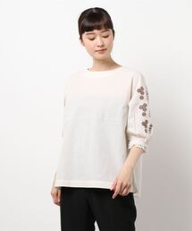 Samansa Mos2 | 綿麻袖刺繍ボートネックブラウス(シャツ/ブラウス)