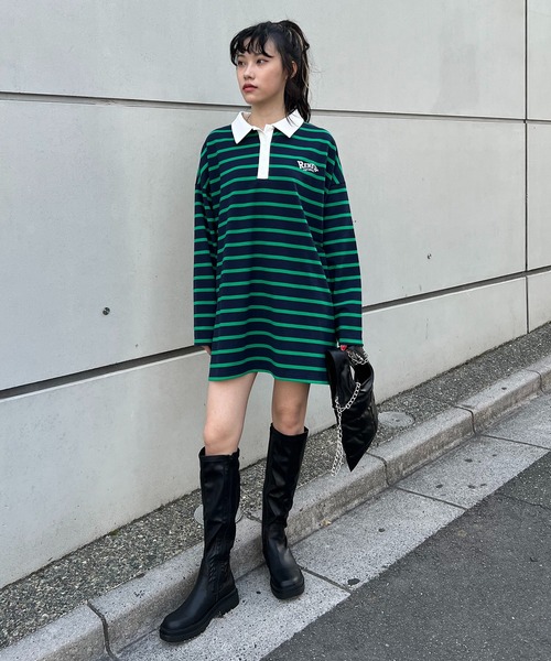 RASVOA(ラスボア)の「ラガーシャツワンピース(シャツワンピース・レディース・ブラック/グリーン・FREE)」の3枚目の写真