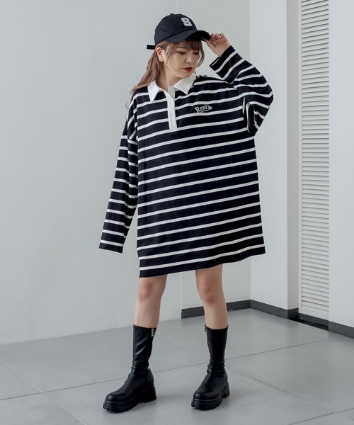 RASVOA(ラスボア)の「ラガーシャツワンピース(シャツワンピース・レディース・ブラック/グリーン・FREE)」の4枚目の写真