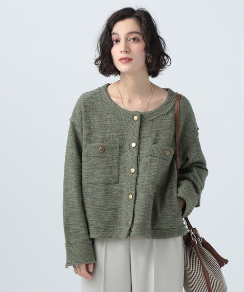 BAYFLOW（ベイフロー）の「カットツイードカーデジャケット（ノーカラージャケット・レディース・ネイビー/オフホワイト/グリーン・SMALL/MEDIUM）」の2枚目の写真