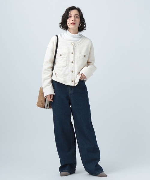 BAYFLOW（ベイフロー）の「カットツイードカーデジャケット（ノーカラージャケット・レディース・ネイビー/オフホワイト/グリーン・SMALL/MEDIUM）」の4枚目の写真