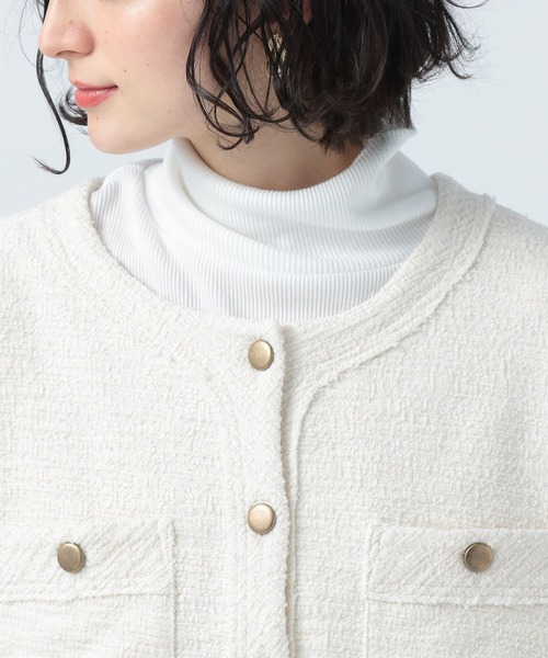 BAYFLOW（ベイフロー）の「カットツイードカーデジャケット（ノーカラージャケット・レディース・ネイビー/オフホワイト/グリーン・SMALL/MEDIUM）」の13枚目の写真