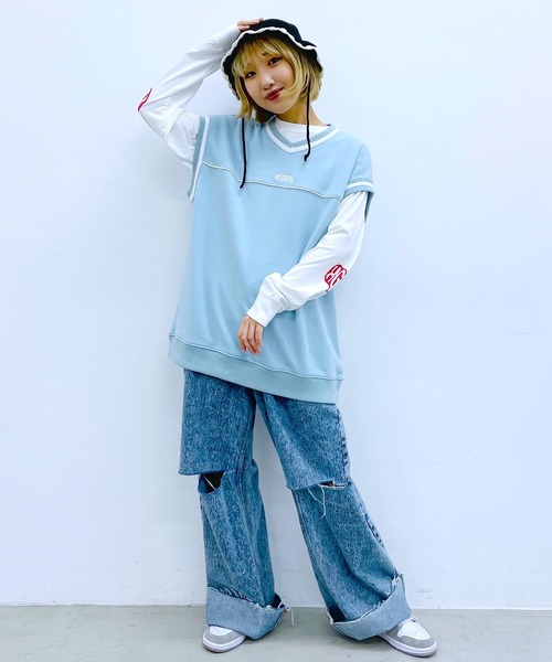 X-girl（エックスガール）の「CONTRAST LINE SWEAT VEST（ベスト・レディース・ライトブルー/ブラック/ベージュ・S/M）」の21枚目の写真