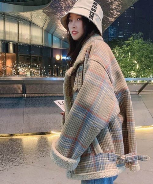 kom SELECT/ドットケーオーエムセレクト』チェック柄 ムートン風コート