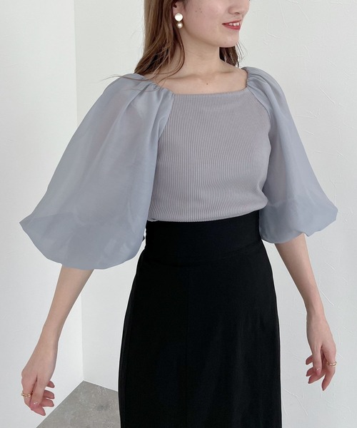 mysty woman（ミスティウーマン）の「シアーバルーン袖プルオーバー 274590（シャツ/ブラウス・レディース・オフホワイト/ブラック/グレイッシュブルー・FREE）」の3枚目の写真