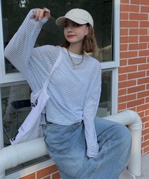 VitaFelice（ヴィータフェリーチェ）の「オーバーサイズ ボーダー透けロンＴ（Tシャツ/カットソー）」