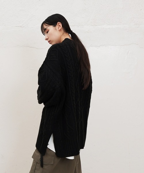 Air Tokyo（エアートウキョー）の「オーバーサイズ 鹿の子 × ケーブル編み フィッシャーマン ニット セーター（ニット/セーター・メンズ・ブラック/アイボリー・MEDIUM/LARGE）」の14枚目の写真