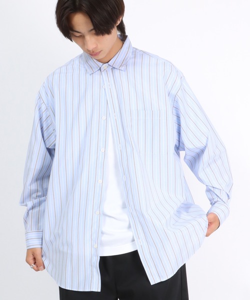 Salong hameu（サロン ハミュー）の「ストライプシャツ メンズ レディース/長袖レギュラーカラーシャツ/ビッグシルエット（シャツ/ブラウス・メンズ・ベージュ/ブルー系その他/ブルー/サックスブルー・L/M）」の4枚目の写真