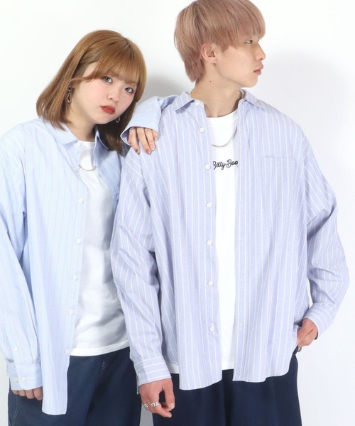 Salong hameu（サロン ハミュー）の「ストライプシャツ メンズ レディース/長袖レギュラーカラーシャツ/ビッグシルエット（シャツ/ブラウス・メンズ・ベージュ/ブルー系その他/ブルー/サックスブルー・L/M）」の3枚目の写真