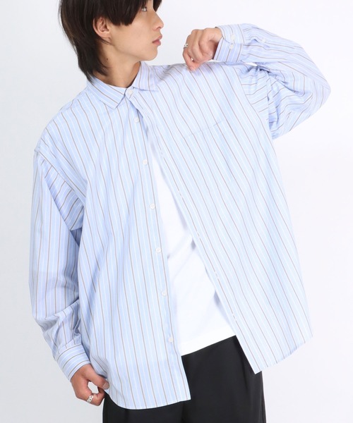 Salong hameu（サロン ハミュー）の「ストライプシャツ メンズ レディース/長袖レギュラーカラーシャツ/ビッグシルエット（シャツ/ブラウス・メンズ・ベージュ/ブルー系その他/ブルー/サックスブルー・L/M）」の5枚目の写真