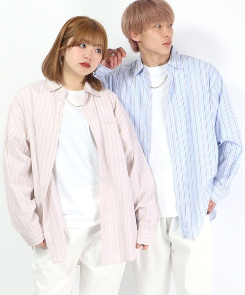 Salong hameu(サロン ハミュー)の「ストライプシャツ メンズ レディース/長袖レギュラーカラーシャツ/ビッグシルエット(シャツ/ブラウス・メンズ・ベージュ/ブルー系その他/ブルー/サックスブルー・L/M)」の5枚目の写真