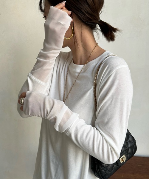 DouDou(ドゥドゥ)の「【WEB限定】袖配色シアーTEE(Tシャツ/カットソー・レディース・オフホワイト/ブラック/ブラウン/チャコールグレー・FREE)」の9枚目の写真