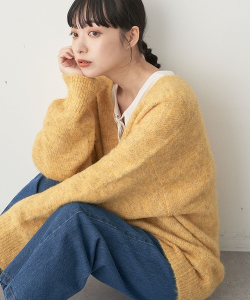 earth music&ecology（アースミュージックアンドエコロジー）の「ミックスヤーンニットカーディガン（カーディガン/ボレロ・レディース・グリーン/パープル/イエロー/グレー・FREE）」の4枚目の写真