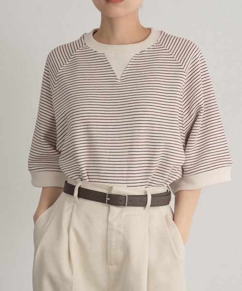 Amiur(エミレ)の「stripe cut t(Tシャツ/カットソー・レディース・ブラック/バーガンディー・FREE)」の1枚目の写真