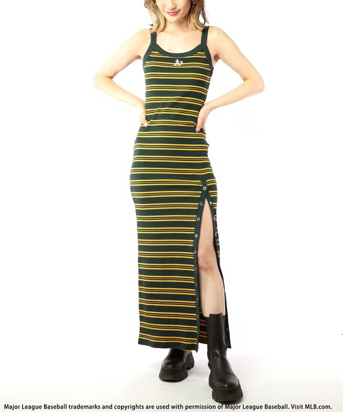 BACK TO THE FIELD(バック トゥー ザ フィールド)の「【MLB】ワンポイントロゴ刺繍スリットロングキャミワンピース(ワンピース・レディース・グリーン系/ネイビー系/ブラック・FREE)」の10枚目の写真