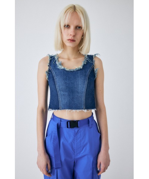 MOUSSY(マウジー)の「PANEL DENIM SLEEVELESS トップス(タンクトップ・レディース・ブルー・1/2)」の1枚目の写真