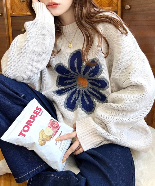 moment+（モーメントプラス）の「【累計販売枚数2万枚突破！】5Gフラワージャガードニットプルオーバー（ニット/セーター・レディース・アイボリー/ブラック/ボルドー/ネイビー・M/L）」の14枚目の写真