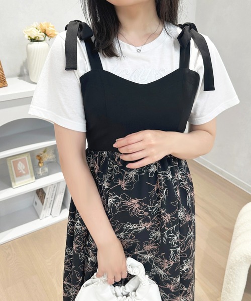 23SS bonjour diary キャミ ワンピース 花柄 リボン 12y 花柄レース地 BACKリボン チュールスリット ロングキャミ
