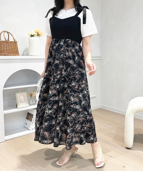 23SS bonjour diary キャミ ワンピース 花柄 リボン 12y セール】肩リボン花柄キャミワンピース【ZOZOTOWN限定アイテム