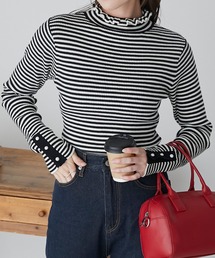 BONLECILL | フリルカラー パールボタンスリーブリブニットプルオーバー(ニット/セーター)