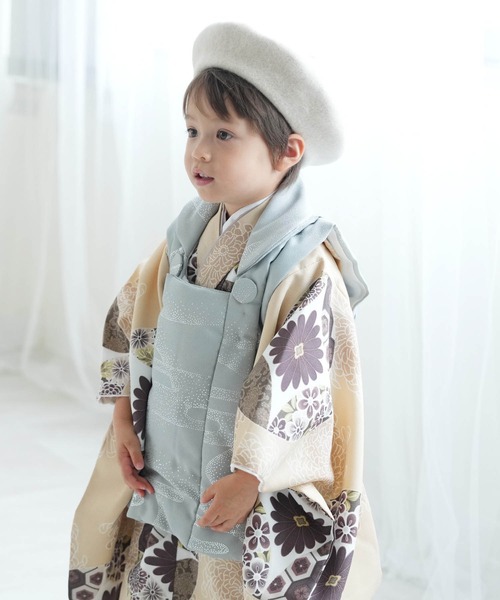 ひよこ商店 被布セット 七五三 3歳 男の子 アイスブルー銀彩×ベージュ七宝