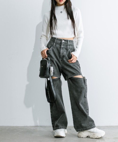 セール】サイドベルト肌見せデニムパンツ 1032030050（デニムパンツ