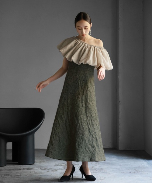 バルーンオフショルダージャガードマーメイドドレス セール】マルチway バルーン オフショルダー ジャガード マーメイド