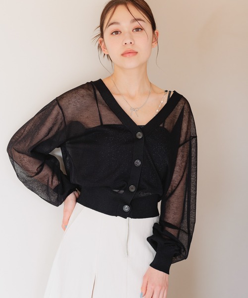 mysty woman（ミスティウーマン）の「シアーボリュームスリーブカーディガン　111659（カーディガン/ボレロ・レディース・オフホワイト/ライトグリーン/ライトベージュ/ブラック・FREE）」の3枚目の写真