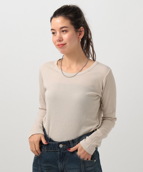 BAYFLOW（ベイフロー）の「[鎖骨を綺麗に見せる]リブクルーネックプルオーバー（Tシャツ/カットソー・レディース・キャメル/ブラック/オフホワイト・FREE）」の14枚目の写真