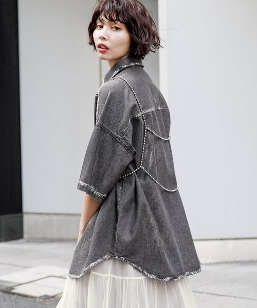 PAGEBOY（ページボーイ）の「ハクプリントデニム半袖シャツ（シャツ/ブラウス・レディース・ブラック/ブルー/ホワイト・FREE）」の9枚目の写真