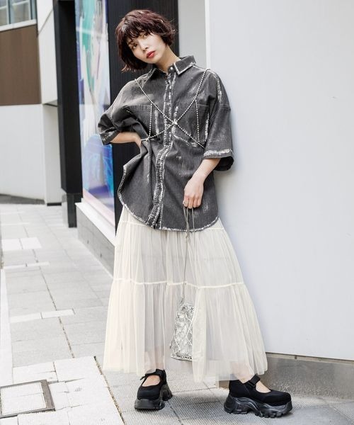 PAGEBOY（ページボーイ）の「ハクプリントデニム半袖シャツ（シャツ/ブラウス・レディース・ブラック/ブルー/ホワイト・FREE）」の12枚目の写真