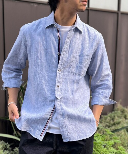 NOLLEY’S（ノーリーズ）の「リネンストライプ パラシュートボタン 7分袖シャツ（シャツ/ブラウス・メンズ・ブルー系その他/レッド系その他/グリーン系その他・S/XL/L/M）」の3枚目の写真