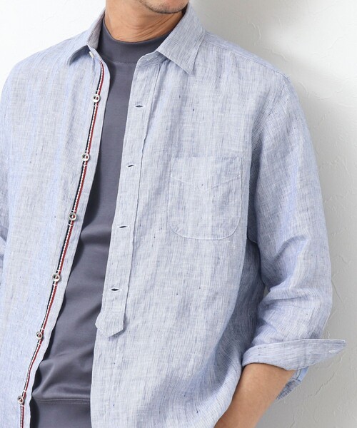 NOLLEY’S（ノーリーズ）の「リネンストライプ パラシュートボタン 7分袖シャツ（シャツ/ブラウス・メンズ・ブルー系その他/レッド系その他/グリーン系その他・S/XL/L/M）」の4枚目の写真