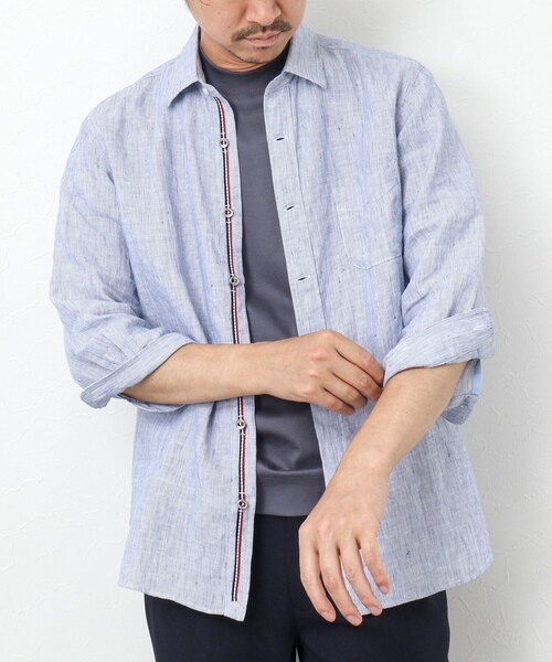 NOLLEY’S（ノーリーズ）の「リネンストライプ パラシュートボタン 7分袖シャツ（シャツ/ブラウス・メンズ・ブルー系その他/レッド系その他/グリーン系その他・S/XL/L/M）」の5枚目の写真