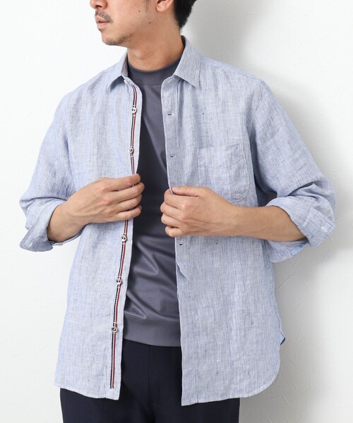 NOLLEY’S（ノーリーズ）の「リネンストライプ パラシュートボタン 7分袖シャツ（シャツ/ブラウス・メンズ・ブルー系その他/レッド系その他/グリーン系その他・S/XL/L/M）」の6枚目の写真