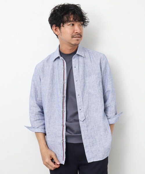 NOLLEY’S（ノーリーズ）の「リネンストライプ パラシュートボタン 7分袖シャツ（シャツ/ブラウス・メンズ・ブルー系その他/レッド系その他/グリーン系その他・S/XL/L/M）」の9枚目の写真