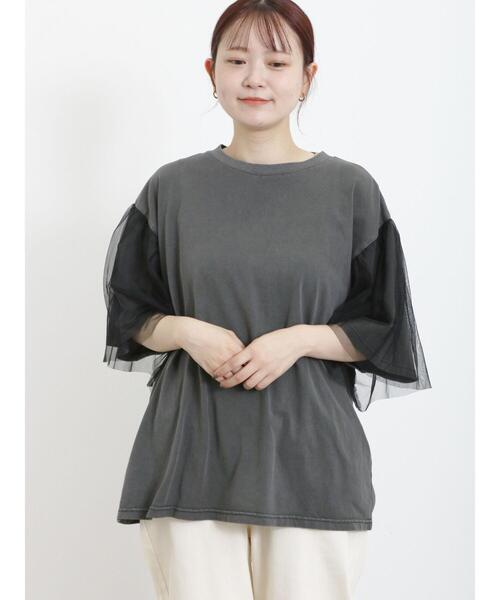 Samansa Mos2（サマンサ モスモス）の「袖チュールピグメントTシャツ（Tシャツ/カットソー・レディース・ブルー/キナリ/チャコールグレー・F）」の3枚目の写真