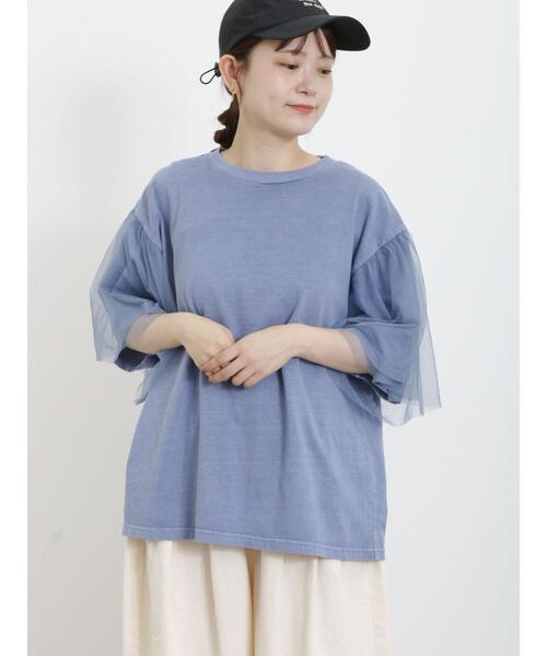 Samansa Mos2（サマンサ モスモス）の「袖チュールピグメントTシャツ（Tシャツ/カットソー・レディース・ブルー/キナリ/チャコールグレー・F）」の6枚目の写真