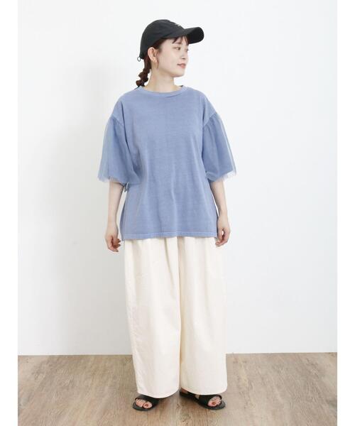 Samansa Mos2（サマンサ モスモス）の「袖チュールピグメントTシャツ（Tシャツ/カットソー・レディース・ブルー/キナリ/チャコールグレー・F）」の7枚目の写真