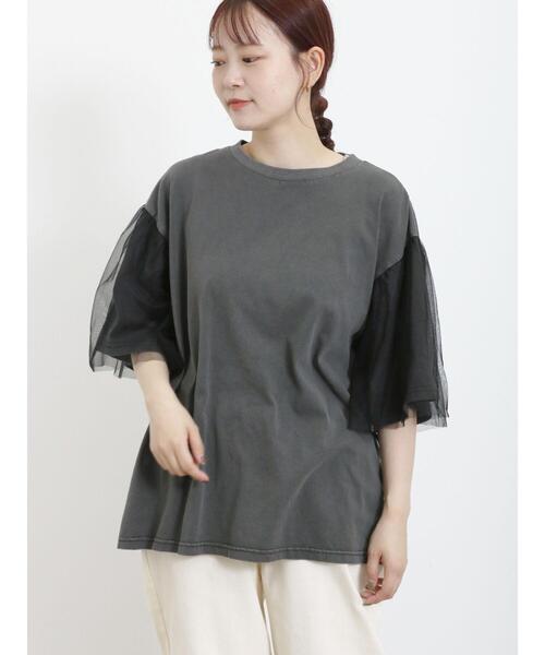 Samansa Mos2（サマンサ モスモス）の「袖チュールピグメントTシャツ（Tシャツ/カットソー・レディース・ブルー/キナリ/チャコールグレー・F）」の9枚目の写真