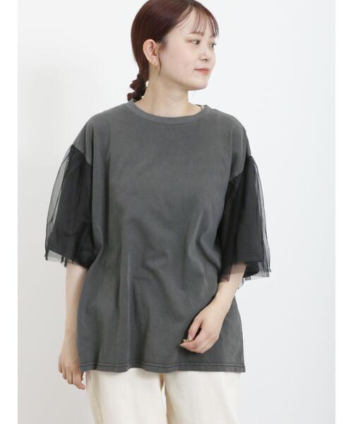 Samansa Mos2（サマンサ モスモス）の「袖チュールピグメントTシャツ（Tシャツ/カットソー・レディース・ブルー/キナリ/チャコールグレー・F）」の10枚目の写真