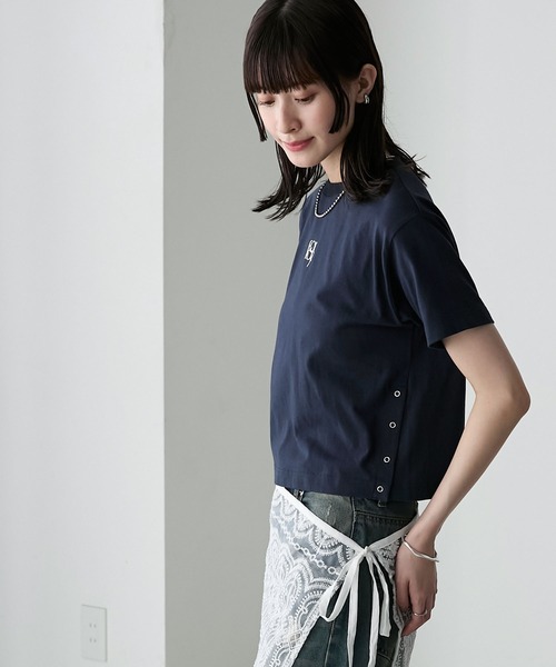 forksy.】ワンポイントロゴ刺繍サイドスナップ半袖Tシャツ