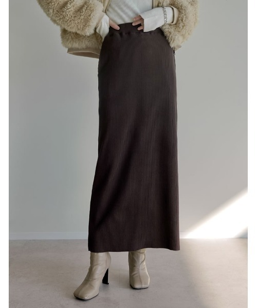 Re:EDIT（リエディ）の「[セルフカット][大きいサイズ有]リブカットソータイトスカート（スカート・レディース・チャコールグレー/アイボリー/ブラック/グレイッシュベージュ/ブラウン・LARGE/X-LARGE/MEDIUM）」の4枚目の写真